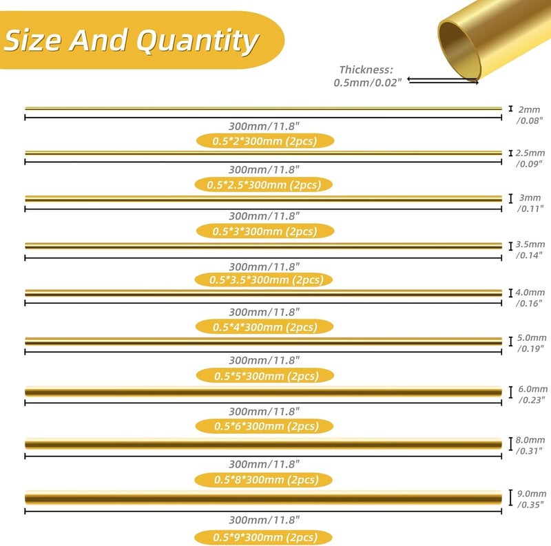 Eorbow 18 Pack 9 Sizes Brass Round Tube Set, Seamless Straight Brass Pipes, High Strength Metal Tubing for Model Hobby, 2mm 2.5mm 3mm 3.5mm 4mm 5mm 6mm 8mm 9mm OD x 0.5mm Wall Thickness 300mm Length - Image 2